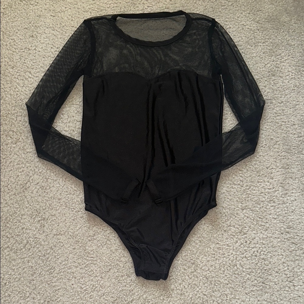 Black Long-Sleeve Mesh Bodysuit